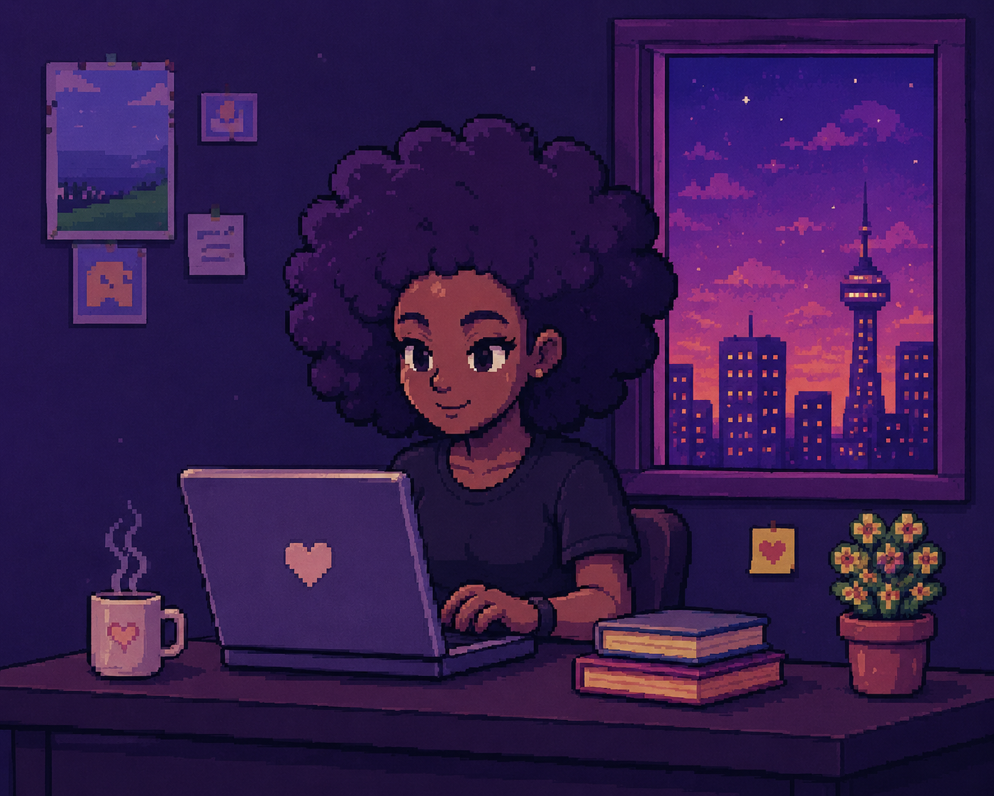 Pixel art of Rachel working at a laptop